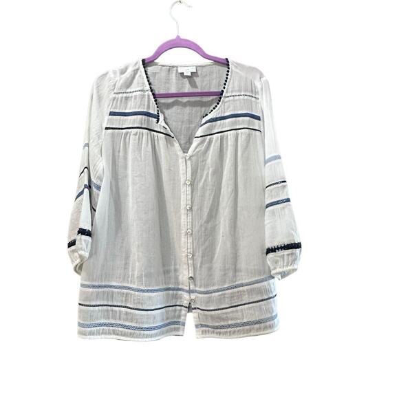 J. Jill Women's White Gauze Blue Pom Pom Tassel Button Semi-Sheer Blouse Size M - Picture 1 of 8
